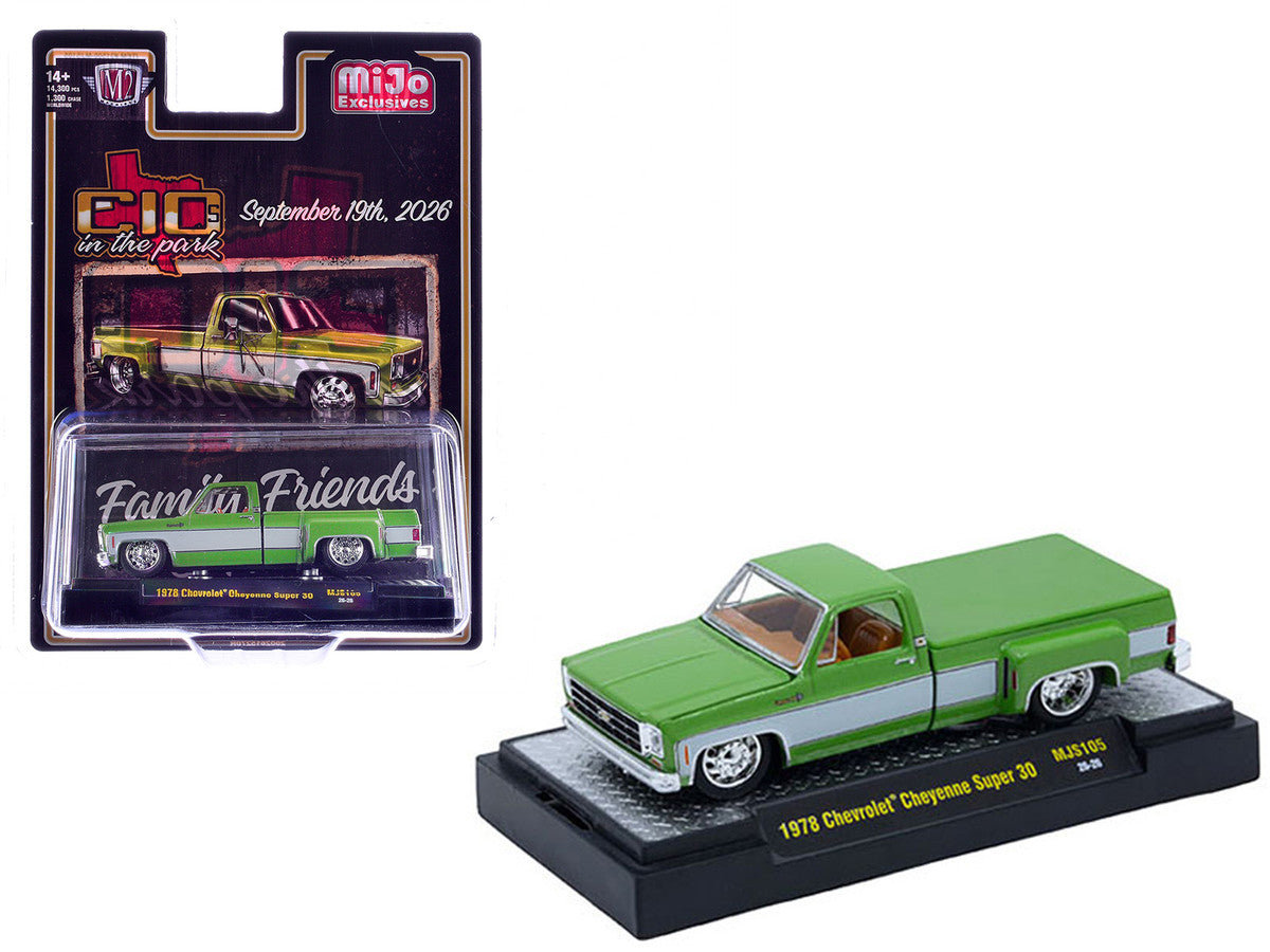 1978 Chevrolet Cheyenne Super 30 Pickup Truck Green Metallic with White Side Stripes "C10s in the Park" (2026) Limited Edition to 14300 pieces Worldwide 1/64 Diecast Model Car by M2 Machines M2