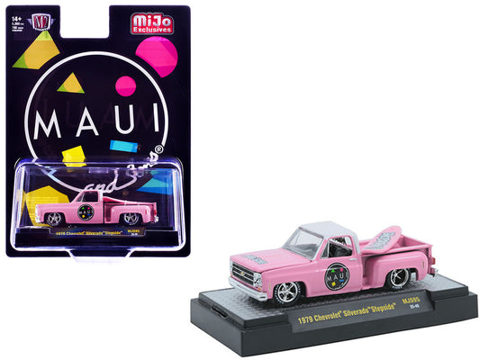 1979 Chevrolet Silverado Stepside Pickup Truck "Maui & Sons" Pink with White Top and Surfboard Limited Edition to 8360 pieces Worldwide 1/64 Diecast Model Car by M2 Machines-0