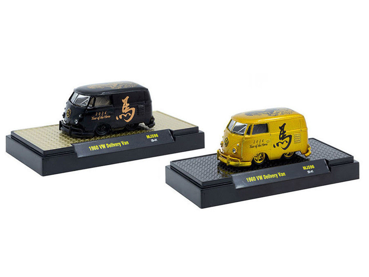 1960 Volkswagen Delivery Van Black with Graphics and 1960 Volkswagen Delivery Van Gold Metallic with Graphics "2026 Year Of The Horse" Set of 2 pieces Limited Edition to 2026 pieces Worldwide 1/64 Diecast Model Cars by M2 Machines M2