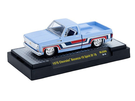 1976 Chevrolet Silverado Bonanza-10 Pickup Truck "Spirit of '76" Light Blue with Red White and Blue Graphics Limited Edition to 11770 pieces Worldwide 1/64 Diecast Model Car by M2 Machines M2