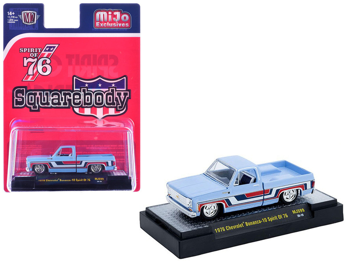 1976 Chevrolet Silverado Bonanza-10 Pickup Truck "Spirit of '76" Light Blue with Red White and Blue Graphics Limited Edition to 11770 pieces Worldwide 1/64 Diecast Model Car by M2 Machines M2
