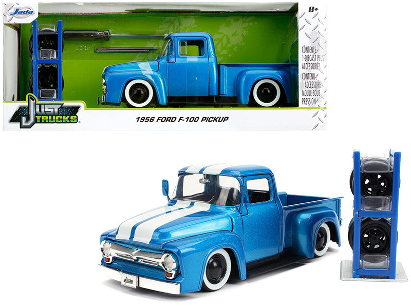 1956 Ford F-100 Pickup Truck Blue Metallic with White Stripes and Extra Wheels "Just Trucks" Series 1/24 Diecast Model Car by Jada-0