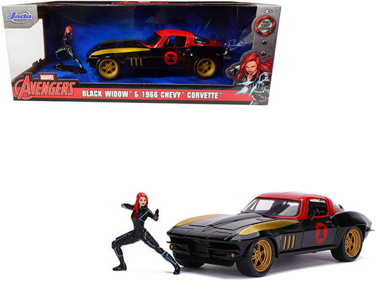 1966 Chevrolet Corvette with Black Widow Diecast Figurine "Avengers" "Marvel" Series 1/24 Diecast Model Car by Jada Jada
