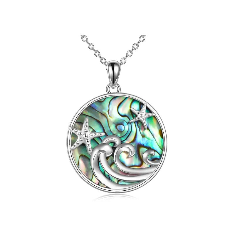 Sterling Silver Ocean Wave Abalone Shellfish Necklace Starfish Pendant Ocean Jewelry LadyShow.Store