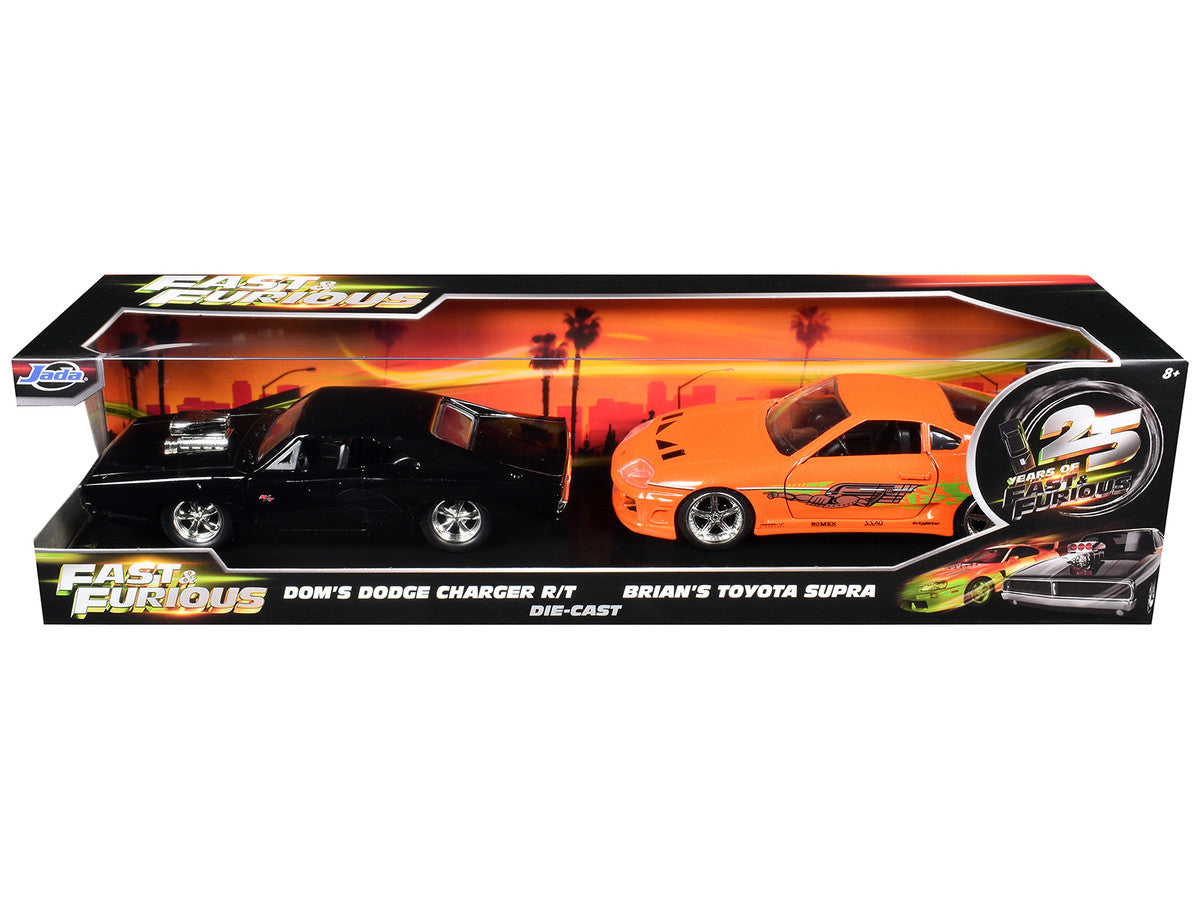 Dom's Dodge Charger R/T Black and Brian's Toyota Supra Orange Set of 2 pieces "25 Years of Fast & Furious" Series 1/32 Diecast Model Cars by Jada Jada
