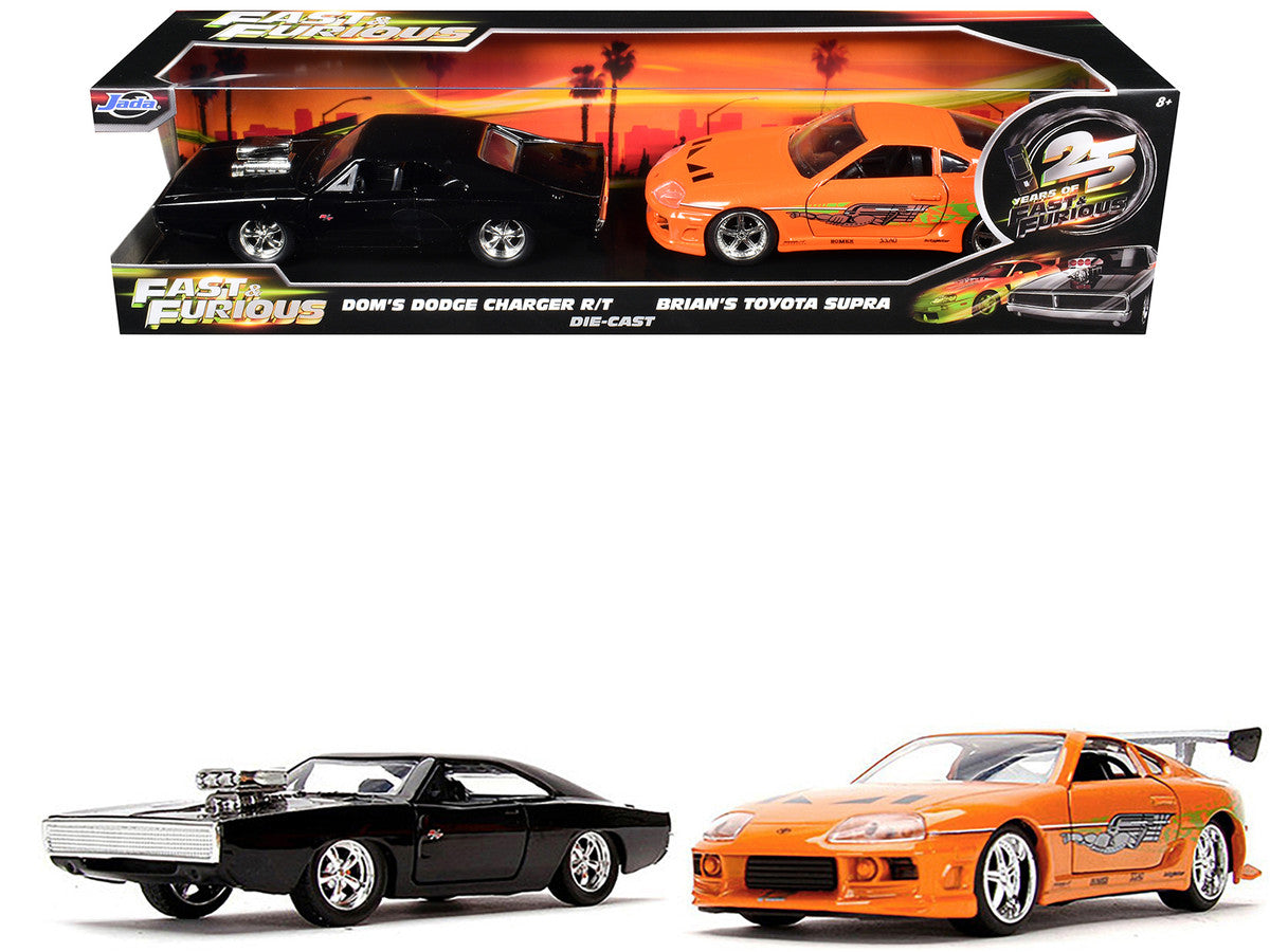 Dom's Dodge Charger R/T Black and Brian's Toyota Supra Orange Set of 2 pieces "25 Years of Fast & Furious" Series 1/32 Diecast Model Cars by Jada Jada