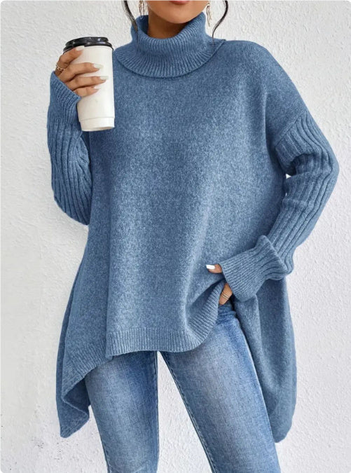 Irregular Turtleneck Sweater Winter Loose Long Sleeve Knitted Tops Leisure Warm Pullover Sweater Women's Clothing Best YouTube Store