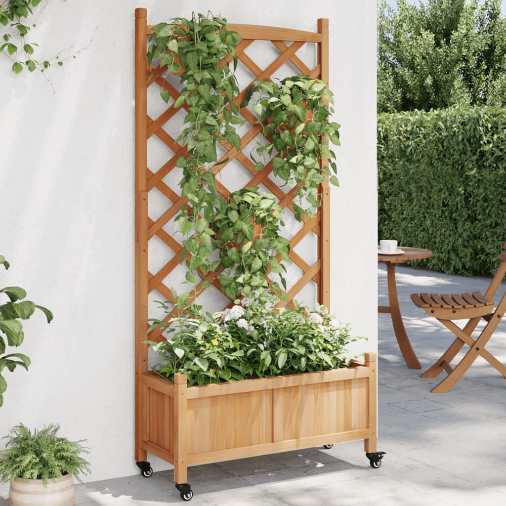 Planter with Trellis and Wheels Brown Solid Wood Fir W2B