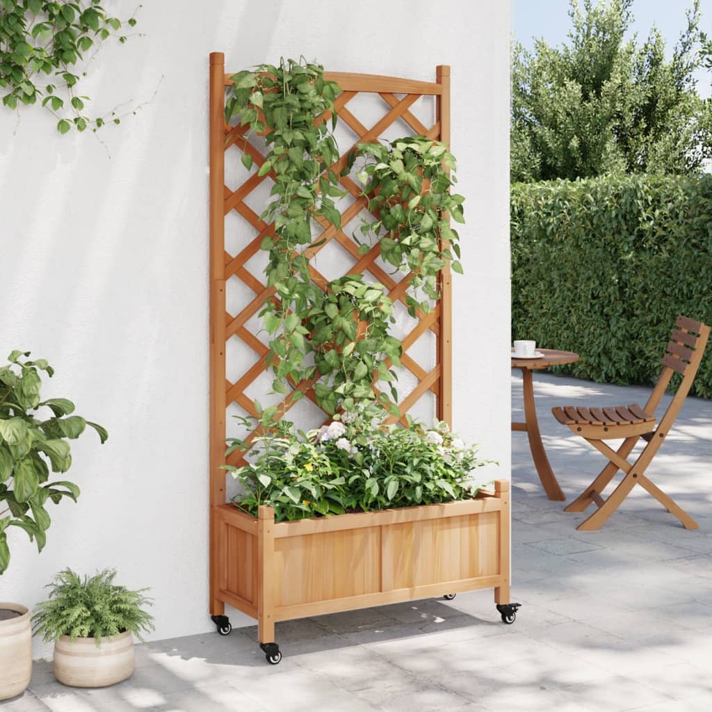 Planter with Trellis and Wheels Brown Solid Wood Fir W2B
