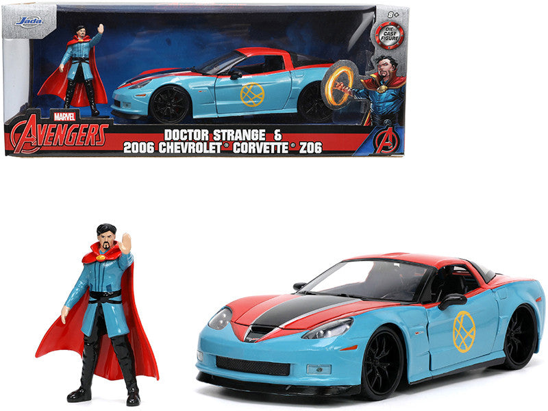 2006 Chevrolet Corvette Z06 Red and Blue with Doctor Strange Diecast Figurine "Avengers" "Marvel" Series "Hollywood Rides" 1/24 Diecast Model Car by Jada Jada