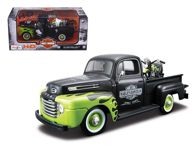 1948 Ford F-1 Pickup Truck "Harley Davidson" with 1948 Harley Davidson FL Panhead Motorcycle Black and Green 1/24 Diecast Models by Maisto Maisto