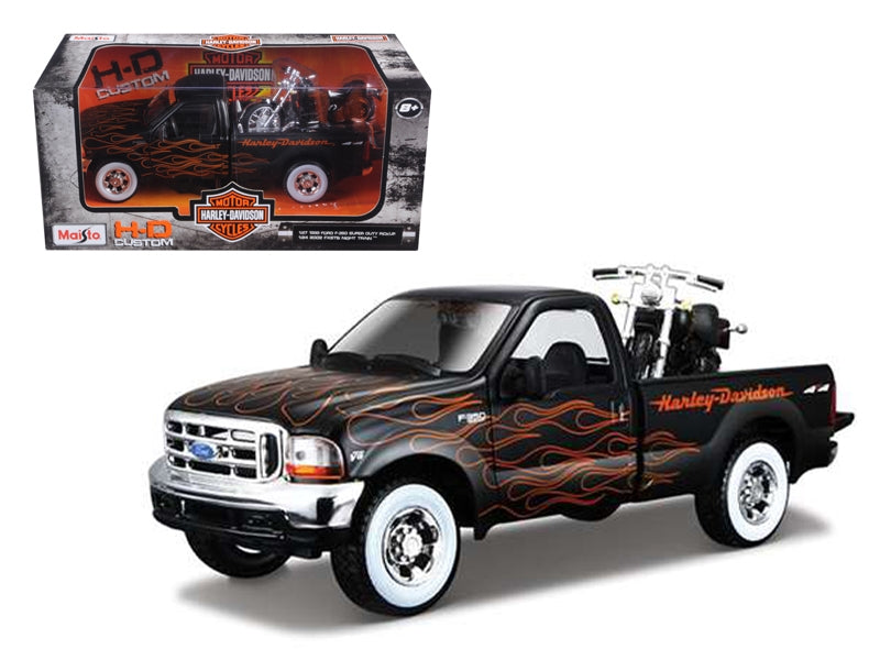 1999 Ford F-350 Super Duty Pickup Black with Flames 1/27 & 2002 Harley Davidson FLSTB Motorcycle Night Train 1/24 Diecast Models by Maisto