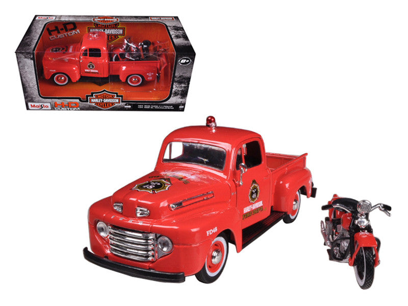 1948 Ford F-1 Pickup Truck "Harley Davidson" Fire Truck and 1936 El Knucklehead Motorcycle 1/24 Diecast Models by Maisto Maisto