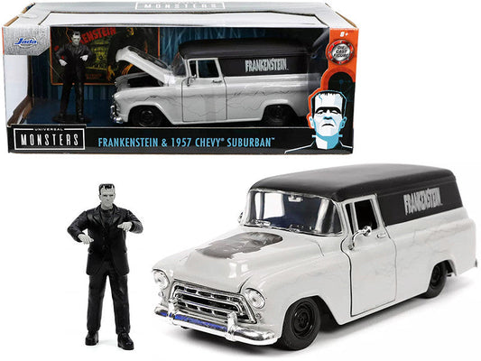 1957 Chevrolet Suburban Gray and Black with Graphics and Frankenstein Diecast Figurine "Universal Monsters" "Hollywood Rides" Series 1/24 Diecast Model Car by Jada Jada