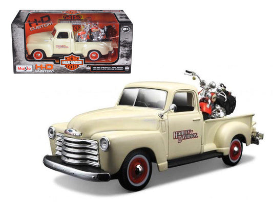 1950 Chevrolet 3100 Pickup Truck Cream 1/25 and 2001 FLSTS Heritage Springer Motorcycle Orange 1/24 "Harley-Davidson Custom" Series Diecast Models by Maisto Maisto