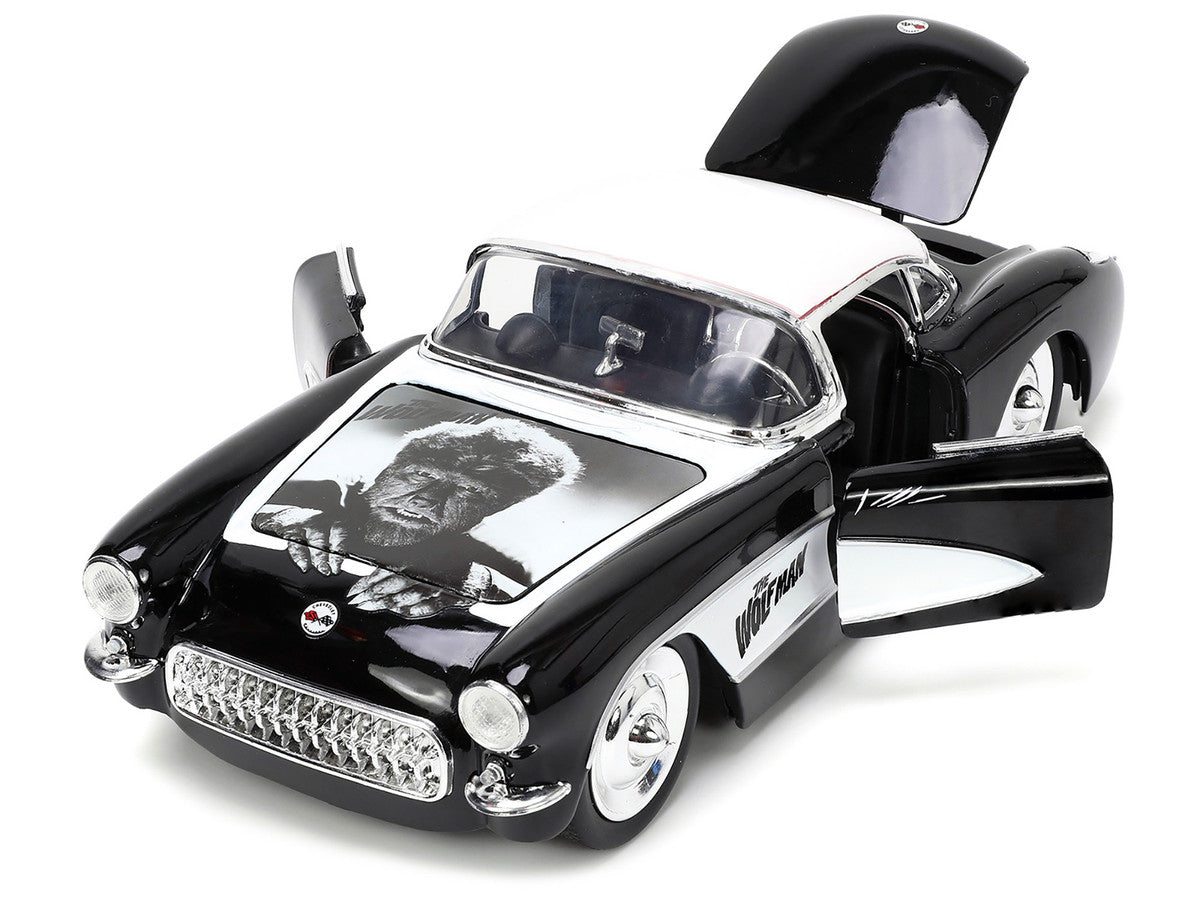 1957 Chevrolet Corvette Black with White Top and Wolfman Diecast Figure "Universal Monsters" "Hollywood Rides" Series 1/24 Diecast Model Car by Jada Jada