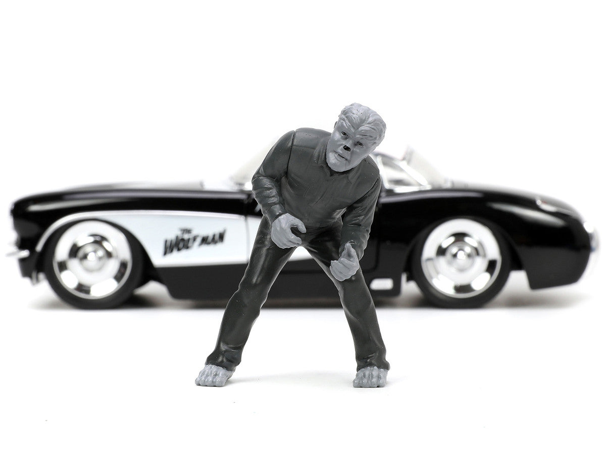 1957 Chevrolet Corvette Black with White Top and Wolfman Diecast Figure "Universal Monsters" "Hollywood Rides" Series 1/24 Diecast Model Car by Jada Jada