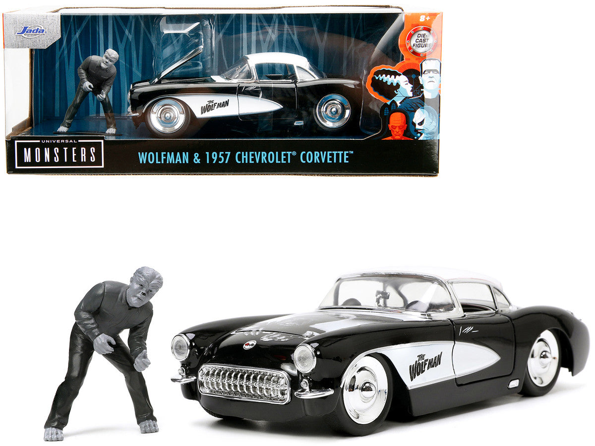 1957 Chevrolet Corvette Black with White Top and Wolfman Diecast Figure "Universal Monsters" "Hollywood Rides" Series 1/24 Diecast Model Car by Jada Jada