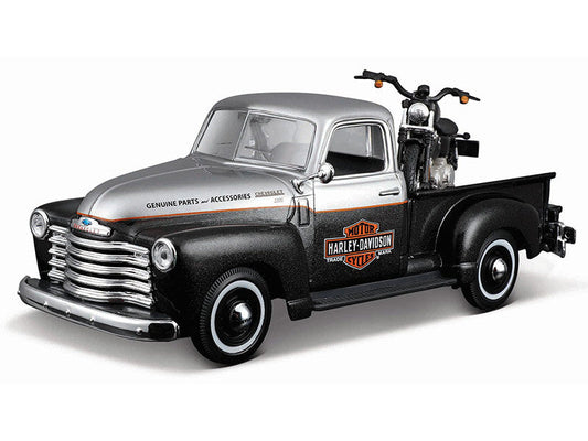 1950 Chevrolet 3100 Pickup Truck "Harley Davidson" Silver Metallic and Black with 1948 Harley Davidson FL Panhead Motorcycle Black "HD Custom" Series 1/24 Diecast Models by Maisto Maisto