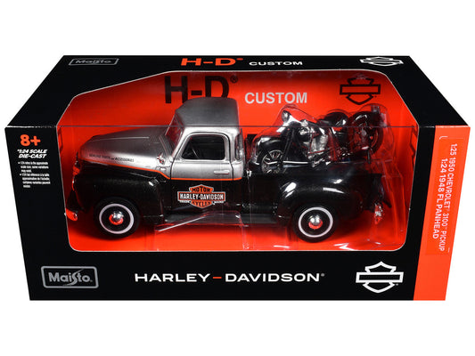 1950 Chevrolet 3100 Pickup Truck "Harley Davidson" Silver Metallic and Black with 1948 Harley Davidson FL Panhead Motorcycle Black "HD Custom" Series 1/24 Diecast Models by Maisto Maisto