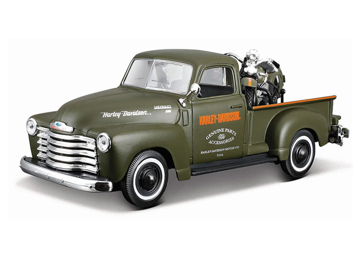 1950 Chevrolet 3100 Pickup Truck "Harley Davidson" Matt Green with 1936 Harley Davidson El Knucklehead Motorcycle Matt Green "HD Custom" Series 1/24 Diecast Model Car by Maisto Maisto