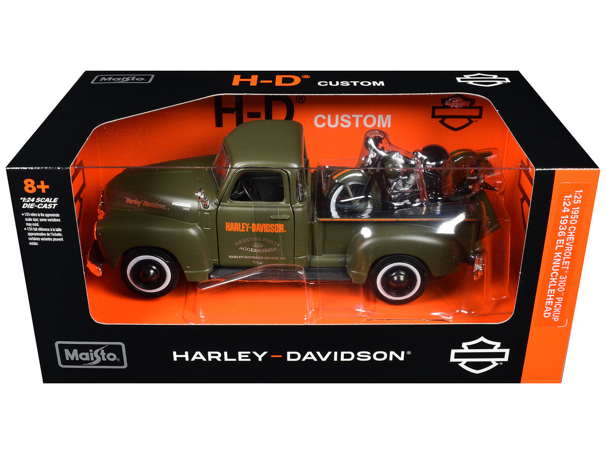 1950 Chevrolet 3100 Pickup Truck "Harley Davidson" Matt Green with 1936 Harley Davidson El Knucklehead Motorcycle Matt Green "HD Custom" Series 1/24 Diecast Model Car by Maisto Maisto