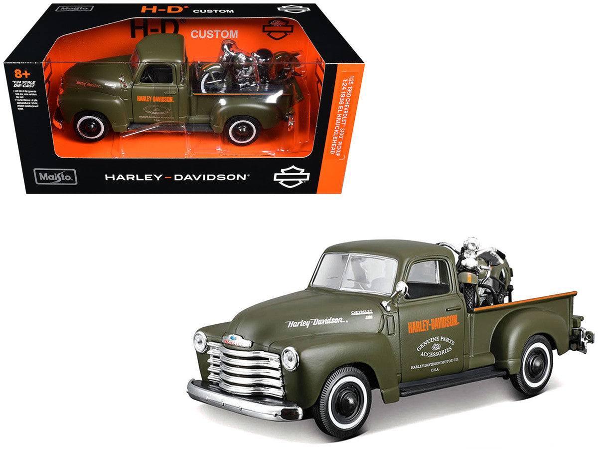 1950 Chevrolet 3100 Pickup Truck "Harley Davidson" Matt Green with 1936 Harley Davidson El Knucklehead Motorcycle Matt Green "HD Custom" Series 1/24 Diecast Model Car by Maisto Maisto
