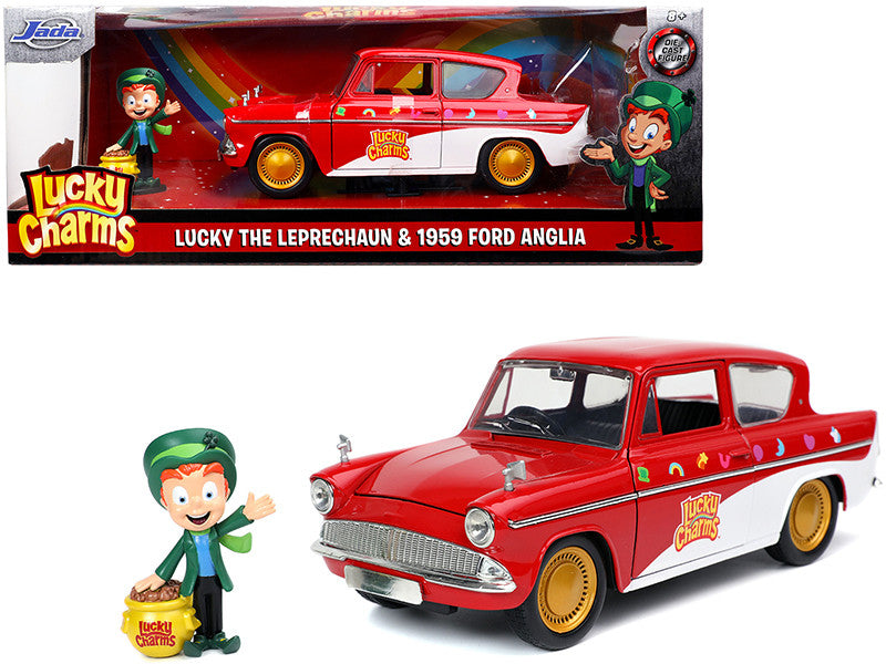 1959 Ford Anglia Red and White with Lucky the Leprechaun Diecast Figurine "Lucky Charms" 1/24 Diecast Model Car by Jada Jada