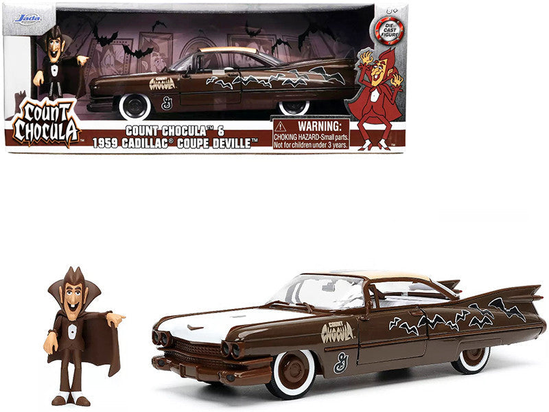 1959 Cadillac Coupe DeVille Brown and White with Graphics and Count Chocula Diecast Figurine "Hollywood Rides" Series 1/24 Diecast Model Car by Jada Jada