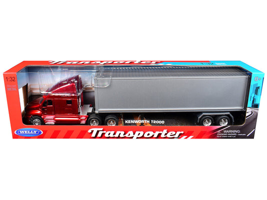 Kenworth T2000 Truck Red Metallic with Gray Container "Transporter" Series 1/32 Diecast Model by Welly Welly