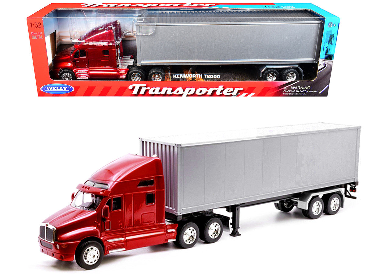 Kenworth T2000 Truck Red Metallic with Gray Container "Transporter" Series 1/32 Diecast Model by Welly Welly