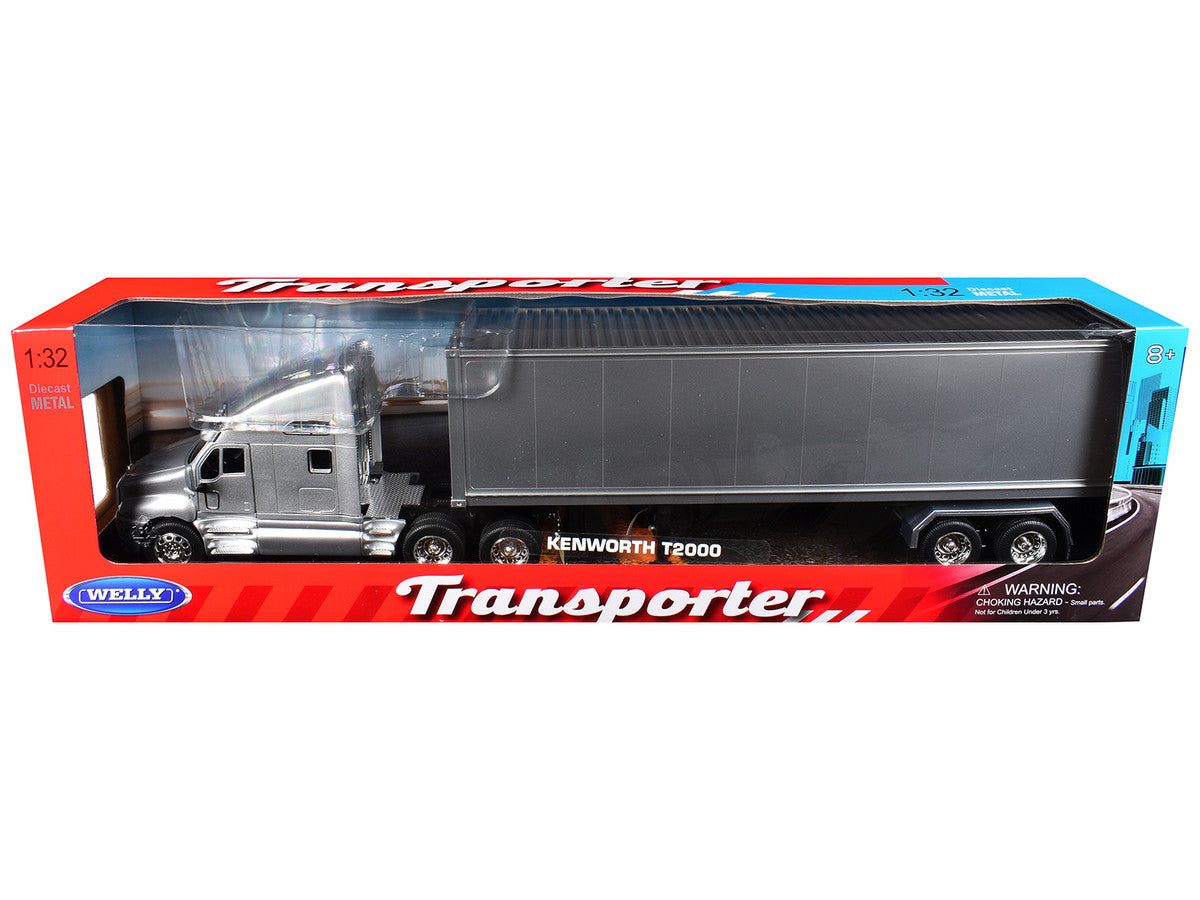 Kenworth T2000 Truck Silver Metallic with Gray Container "Transporter" Series 1/32 Diecast Model by Welly Welly