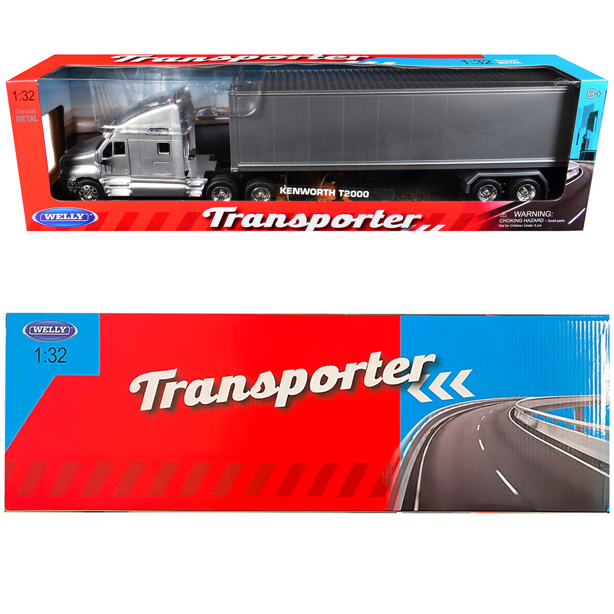 Kenworth T2000 Truck Silver Metallic with Gray Container "Transporter" Series 1/32 Diecast Model by Welly Welly