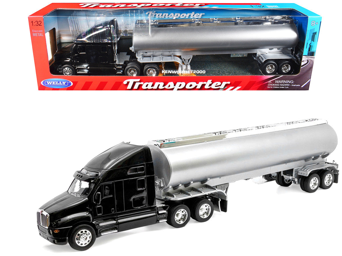 Kenworth T2000 Truck Black with Silver Tanker Trailer "Transporter" Series 1/32 Diecast Model by Welly Welly