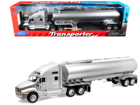 Kenworth T2000 Truck Silver Metallic with Silver Tanker Trailer "Transporter" Series 1/32 Diecast Model by Welly Welly