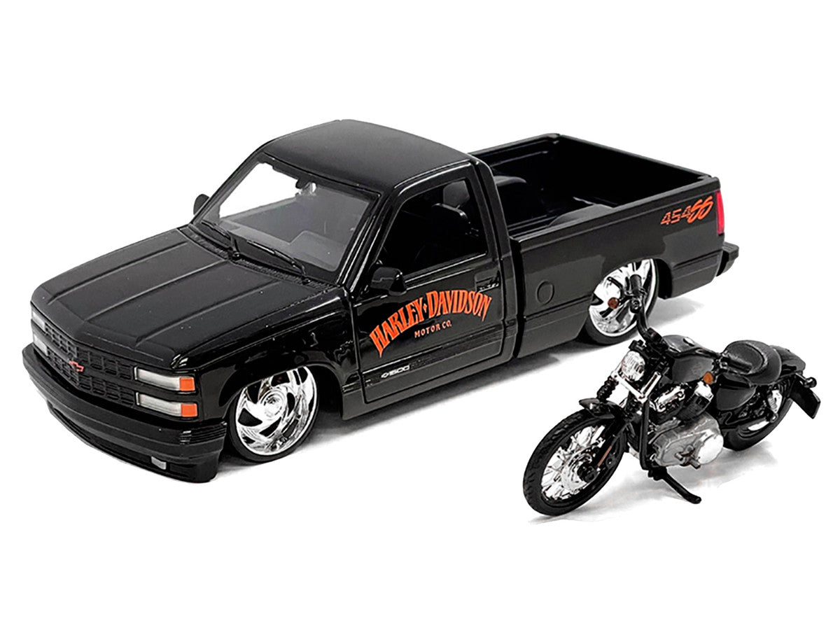 1993 Chevrolet 454 SS Pickup Truck "Harley Davidson" Black and 2007 Harley-Davidson XL 1200N Nightster Motorcycle Black "H-D Custom" Series 1/24 Diecast Model Car by Maisto-2