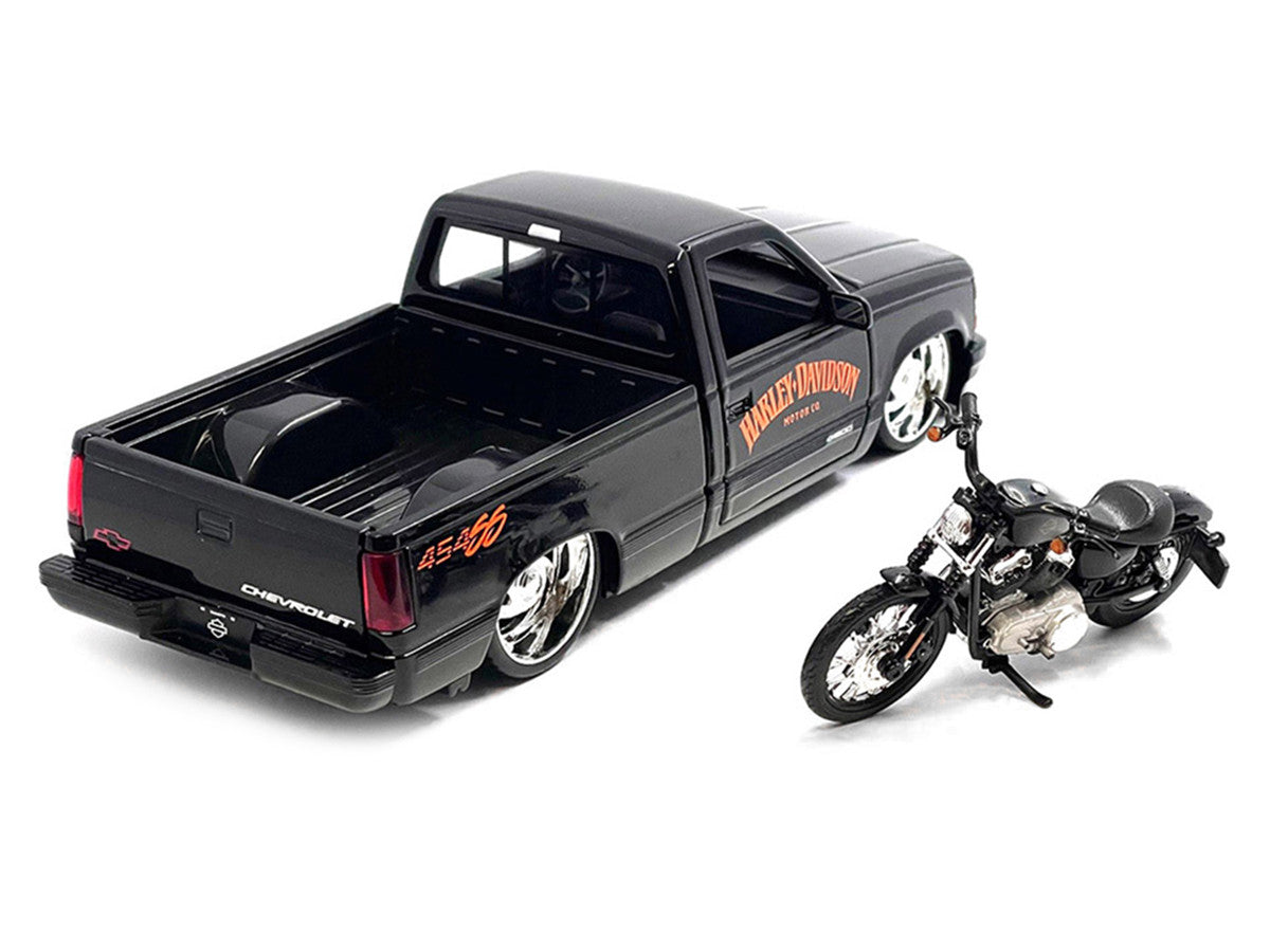 1993 Chevrolet 454 SS Pickup Truck "Harley Davidson" Black and 2007 Harley-Davidson XL 1200N Nightster Motorcycle Black "H-D Custom" Series 1/24 Diecast Model Car by Maisto-1