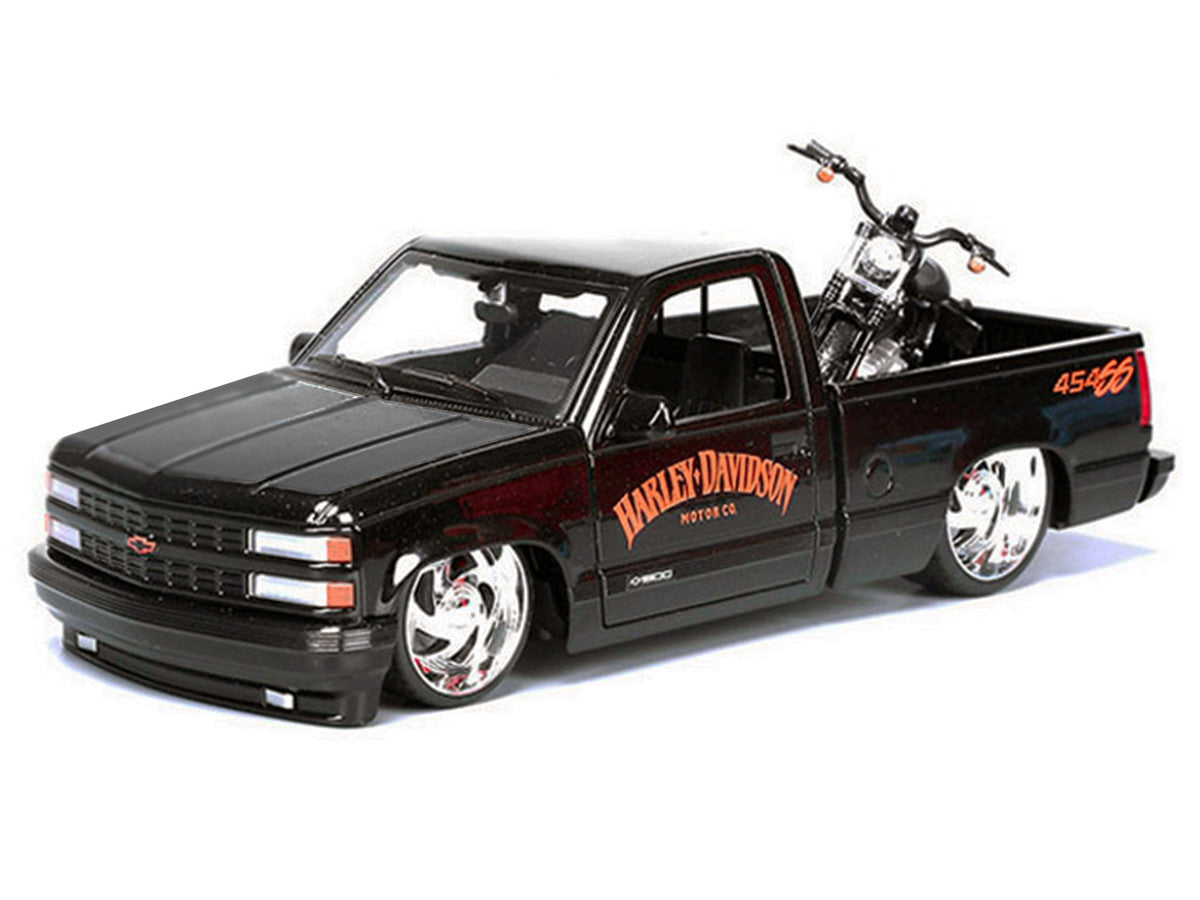 1993 Chevrolet 454 SS Pickup Truck "Harley Davidson" Black and 2007 Harley-Davidson XL 1200N Nightster Motorcycle Black "H-D Custom" Series 1/24 Diecast Model Car by Maisto-0