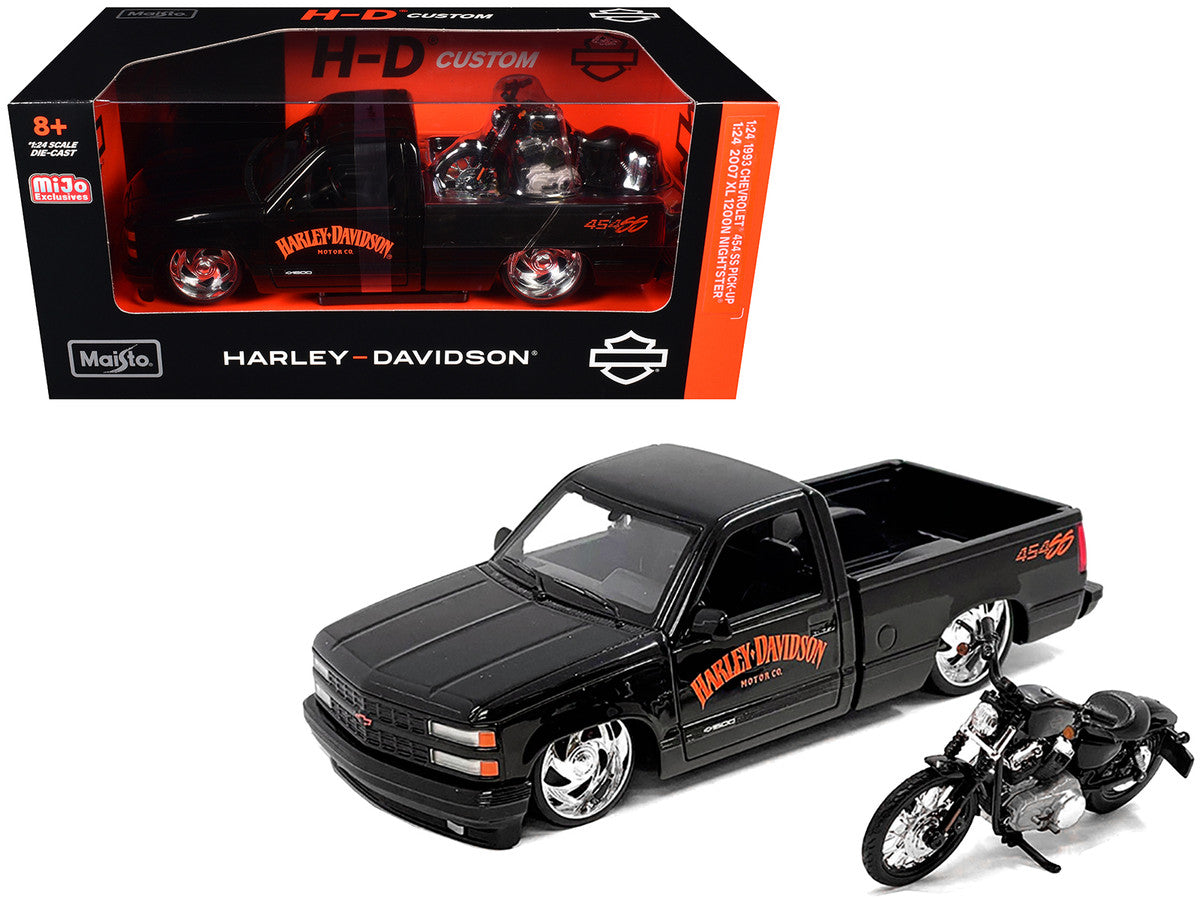 1993 Chevrolet 454 SS Pickup Truck "Harley Davidson" Black and 2007 Harley-Davidson XL 1200N Nightster Motorcycle Black "H-D Custom" Series 1/24 Diecast Model Car by Maisto-3