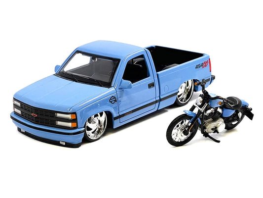1993 Chevrolet 454 SS Pickup Truck "Harley Davidson" Light Blue and 2007 Harley-Davidson XL 1200N Nightster Motorcycle Light Blue "H-D Custom" Series 1/24 Diecast Model Car by Maisto-1