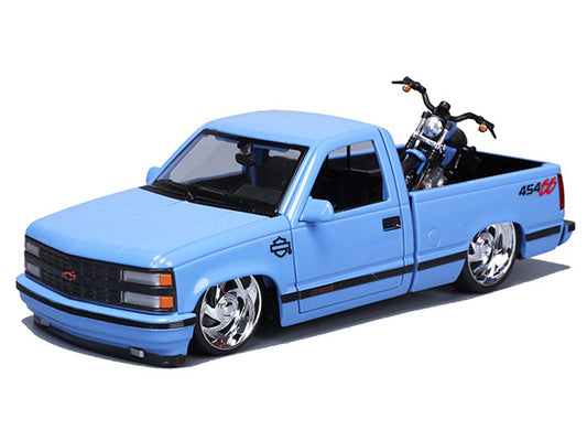 1993 Chevrolet 454 SS Pickup Truck "Harley Davidson" Light Blue and 2007 Harley-Davidson XL 1200N Nightster Motorcycle Light Blue "H-D Custom" Series 1/24 Diecast Model Car by Maisto-0