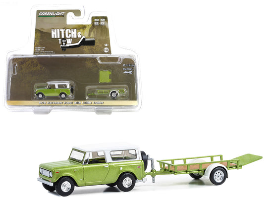 1970 Harvester Scout Lime Green Metallic with Alpine White Top and Utility Trailer "Hitch & Tow" Series 30 1/64 Diecast Model Car by Greenlight