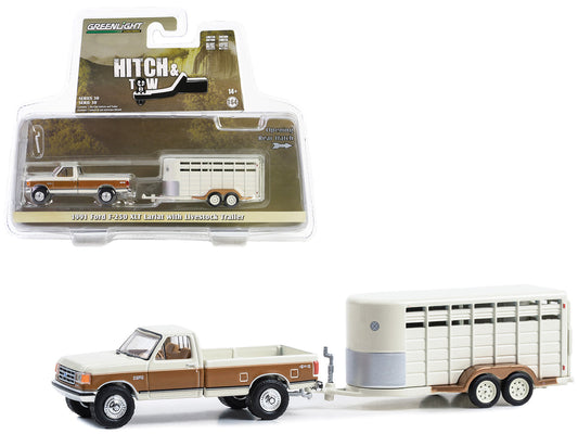 1991 Ford F-250 XLT Lariat Pickup Truck Colonial White and Desert Tan Metallic with Livestock Trailer "Hitch & Tow" Series 30 1/64 Diecast Model Car by Greenlight