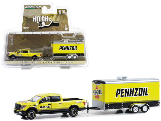 2018 Nissan Titan XD Pro-4X Pickup Truck Yellow with Enclosed Car Hauler "Pennzoil" "Hitch & Tow" Series 30 1/64 Diecast Model Car by Greenlight