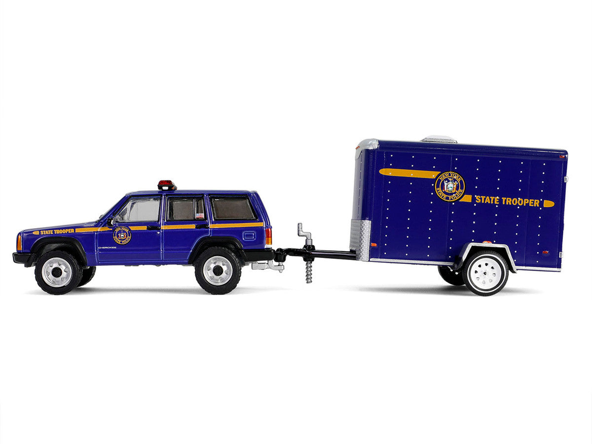 2001 Jeep Cherokee "New York State Police" Blue with Yellow Stripes and Small Cargo Trailer "Hot Pursuit Hitch & Tow" Series 1 1/64 Diecast Model Cars by Greenlight Greenlight