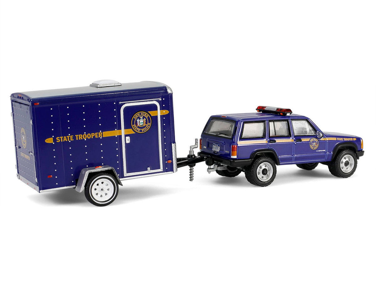 2001 Jeep Cherokee "New York State Police" Blue with Yellow Stripes and Small Cargo Trailer "Hot Pursuit Hitch & Tow" Series 1 1/64 Diecast Model Cars by Greenlight Greenlight