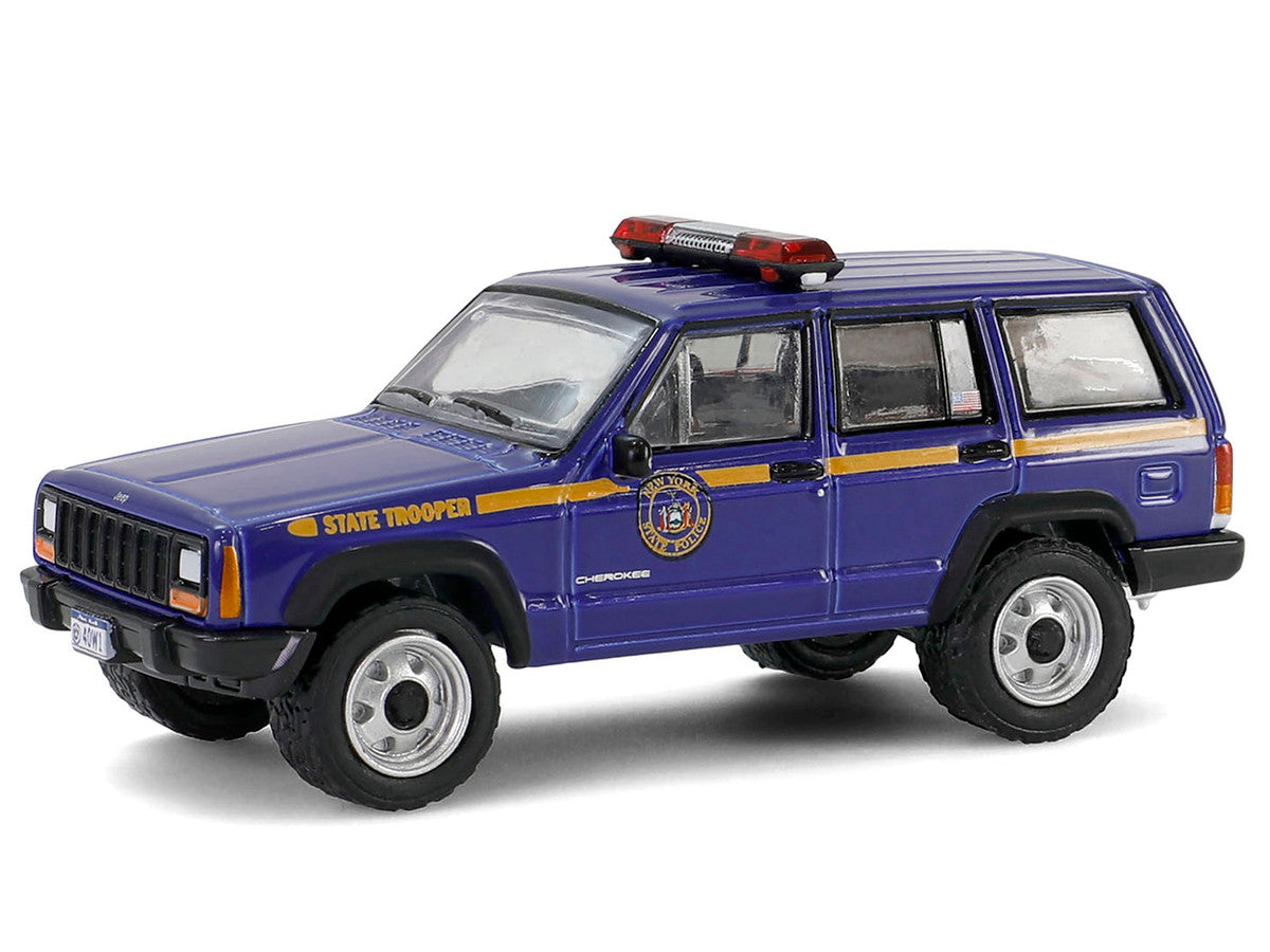 2001 Jeep Cherokee "New York State Police" Blue with Yellow Stripes and Small Cargo Trailer "Hot Pursuit Hitch & Tow" Series 1 1/64 Diecast Model Cars by Greenlight Greenlight