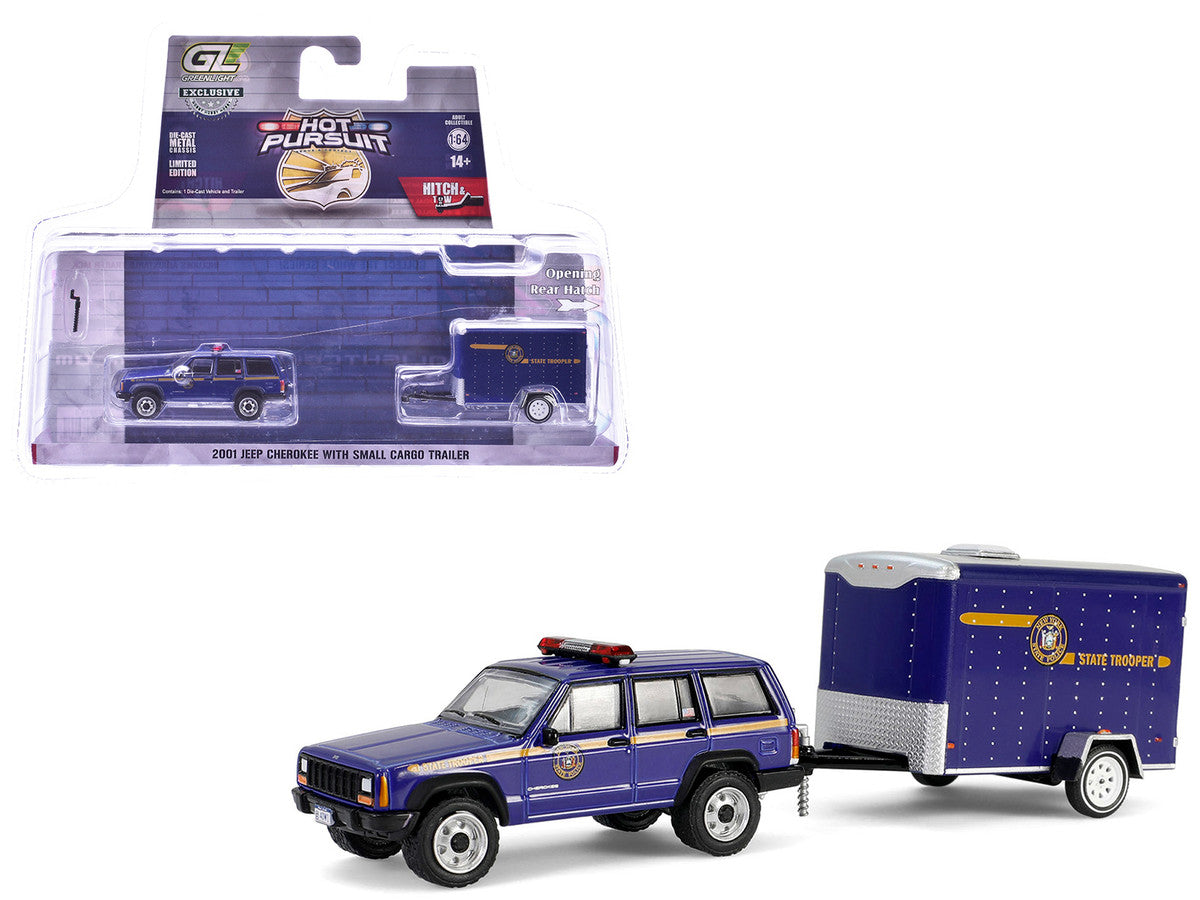 2001 Jeep Cherokee "New York State Police" Blue with Yellow Stripes and Small Cargo Trailer "Hot Pursuit Hitch & Tow" Series 1 1/64 Diecast Model Cars by Greenlight Greenlight
