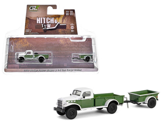 1950 Dodge Power Wagon Pickup Truck Green and White with 1/4 Ton Cargo Trailer Green "Hitch & Tow" Series 32 1/64 Diecast Model Cars by Greenlight-0