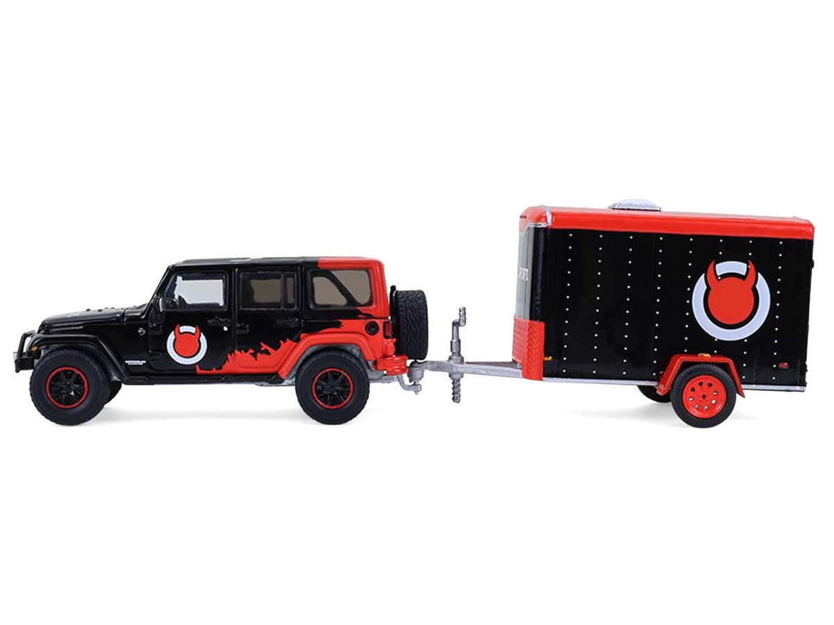 2012 Jeep Wrangler Unlimited "Diablo Sport" Black with Red Graphics and Small Cargo Trailer "Hitch & Tow" Series 33 1/64 Diecast Model Cars by Greenlight Greenlight